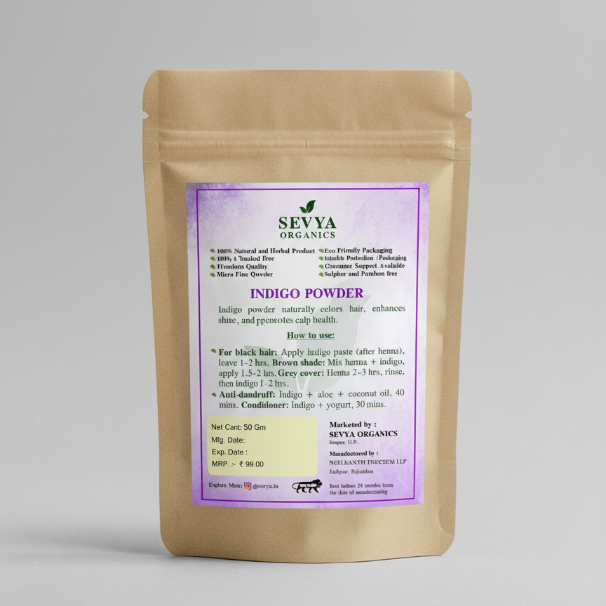 Sevya Organics Indigo Powder | 100% Natural & Chemical-Free Hair Color | Grey Coverage | Micro-Fine Premium Quality | Eco-Friendly Packaging | 50g